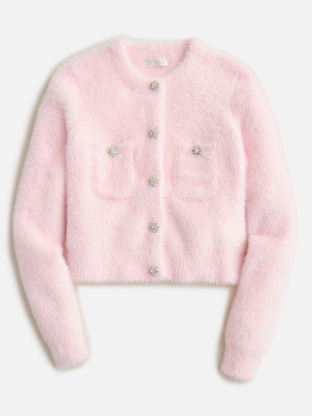 J. Crew Pale Pink Fuzzy Crystal-Button Lady Jacket